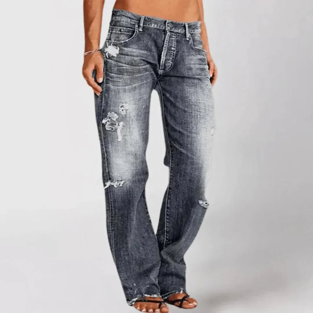 Women's Distressed Bootcut Jeans - Mid-Rise Stretch Denim - Casual Five-Pocket Style