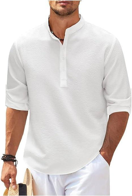 Men's Lightweight Cotton Casual Shirt - Relaxed Fit Band Collar Half Placket