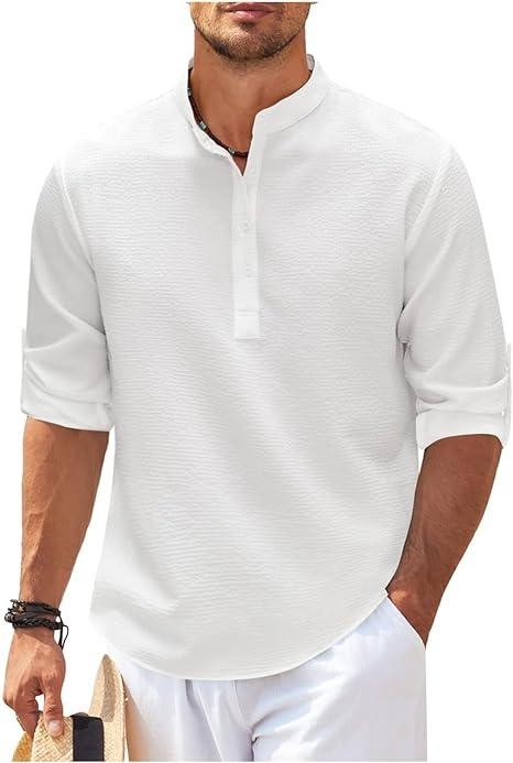 Men's Lightweight Cotton Casual Shirt - Relaxed Fit Band Collar Half Placket