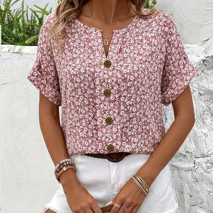Women's Button-Up Floral Top with Short Sleeves and Loose Fit