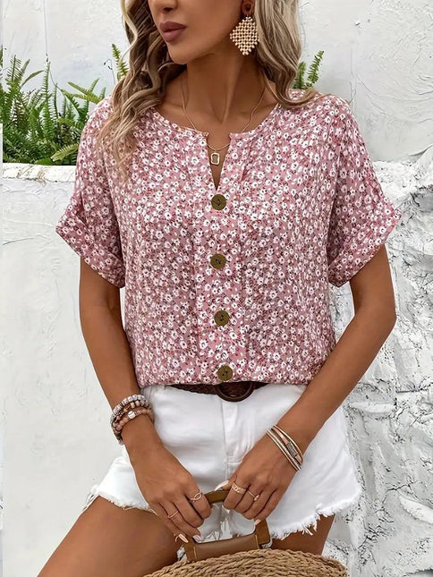 Women's Button-Up Floral Top with Short Sleeves and Loose Fit