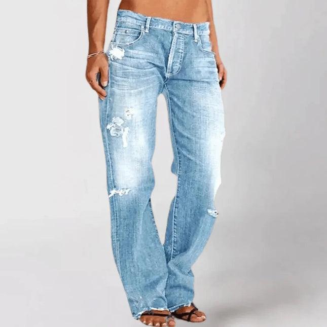 Women's Distressed Bootcut Jeans - Mid-Rise Stretch Denim - Casual Five-Pocket Style