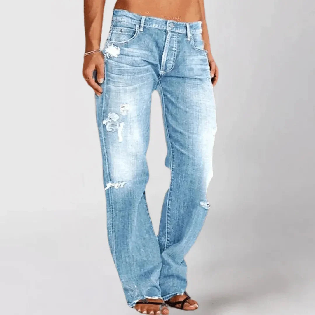 Women's Distressed Bootcut Jeans - Mid-Rise Stretch Denim - Casual Five-Pocket Style