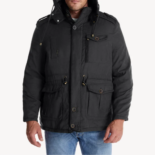 Man wearing a black hooded jacket on a white background