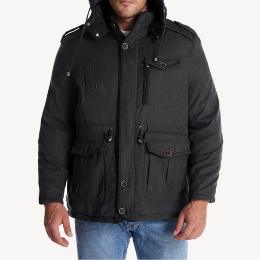 Man wearing a black hooded jacket on a white background
