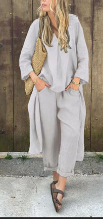 Women's V-Neck Long Sleeve Top & High-Waist Wide-Leg Pants Set with Pockets