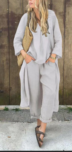 Women's V-Neck Long Sleeve Top & High-Waist Wide-Leg Pants Set with Pockets