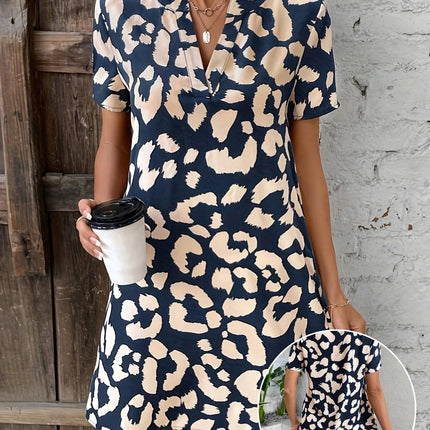 Women's V-Neck Leopard Print Dress with Short Sleeves