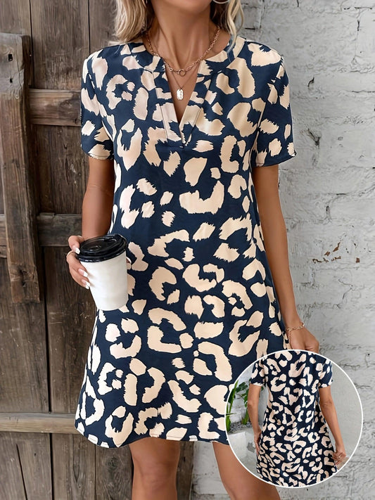 Women's V-Neck Leopard Print Dress with Short Sleeves