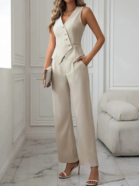 Women's Flare Leg Pants and Vest Set - Elegant Single Breasted Style for Winter
