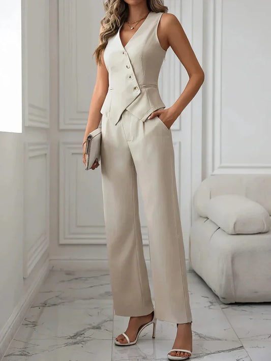 Women's Flare Leg Pants and Vest Set - Elegant Single Breasted Style for Winter