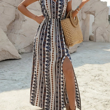 Women's Maxi Dress - V-Neck Bohemian Print - Elastic Waist - Sleeveless with Ruffles