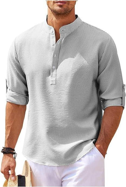 Men's Lightweight Cotton Casual Shirt - Relaxed Fit Band Collar Half Placket