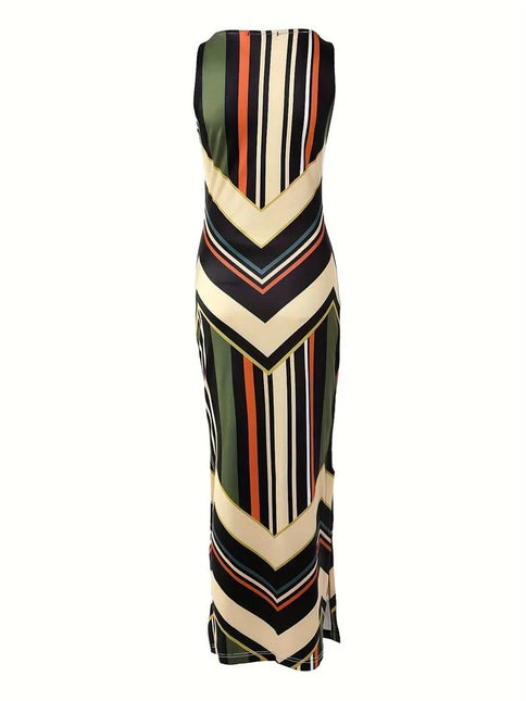 Women's Maxi Dress - Sleeveless Crew Neck - Chevron Stripe - High Side Slit