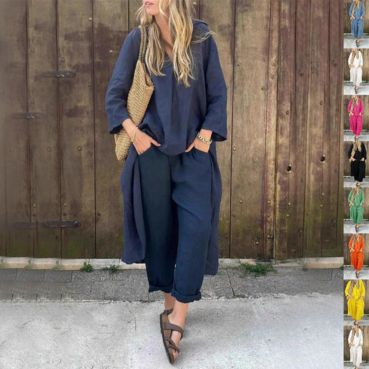 Women's V-Neck Long Sleeve Top & High-Waist Wide-Leg Pants Set with Pockets