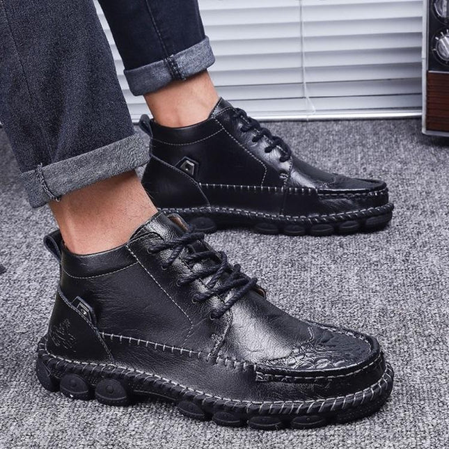Men’s Lace-Up Leather Ankle Boots with Rugged Sole