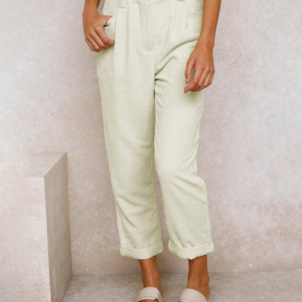 Women's High-Waisted Trousers Pleated Front Cuffed Hem Ribbed Fabric