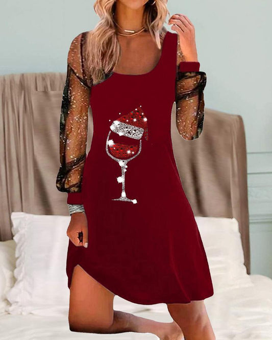 Women's Elegant Dress with Wine Glass Print