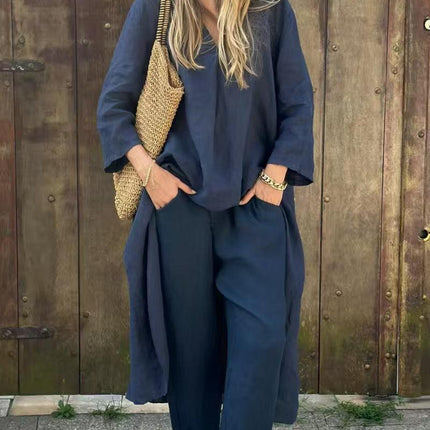 Women's V-Neck Long Sleeve Top & High-Waist Wide-Leg Pants Set with Pockets