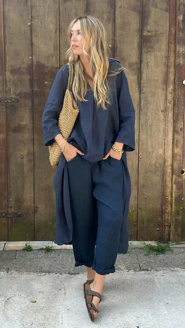 Women's V-Neck Long Sleeve Top & High-Waist Wide-Leg Pants Set with Pockets