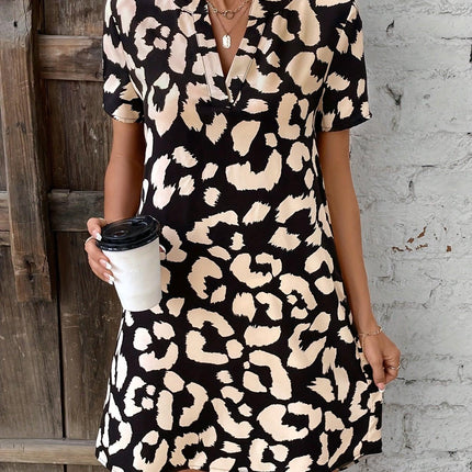 Women's V-Neck Leopard Print Dress with Short Sleeves