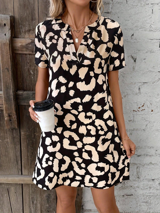 Women's V-Neck Leopard Print Dress with Short Sleeves