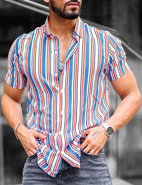 Men's Striped Short-Sleeve Button-Up Shirt Lightweight Breathable Fabric
