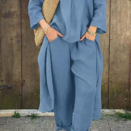 Women's V-Neck Long Sleeve Top & High-Waist Wide-Leg Pants Set with Pockets
