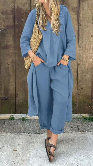 Women's V-Neck Long Sleeve Top & High-Waist Wide-Leg Pants Set with Pockets