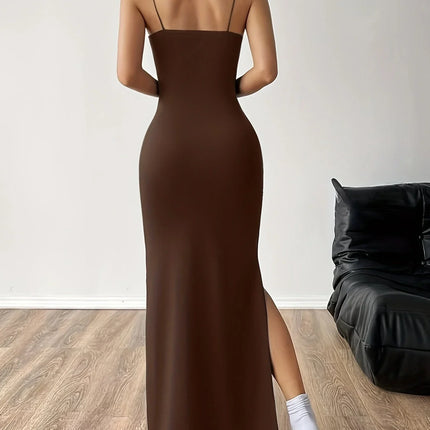 Women’s Maxi Dress – Fitted Silhouette – Spaghetti Straps – Side Slit – Patterned Fabric