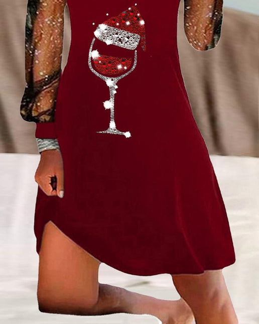Women's Elegant Dress with Wine Glass Print