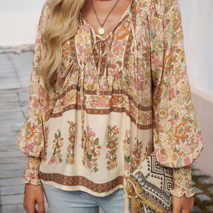 Women's Floral Tunic Top V-Neck Tie Long Sleeve