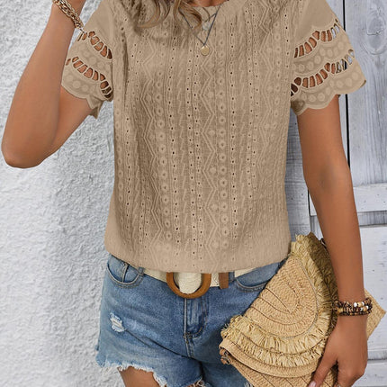 Women's Eyelet Top Short Sleeve Scalloped Neck