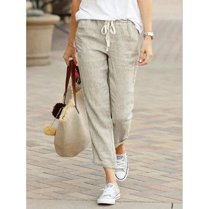 Women's Lightweight Cotton/Linen Trousers - Relaxed Fit, Drawstring Waist, Straight Leg