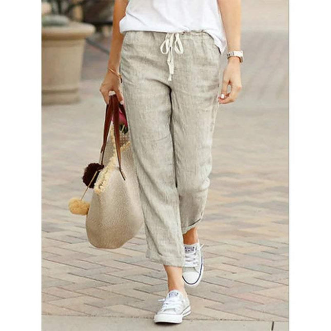 Women's Lightweight Cotton/Linen Trousers - Relaxed Fit, Drawstring Waist, Straight Leg