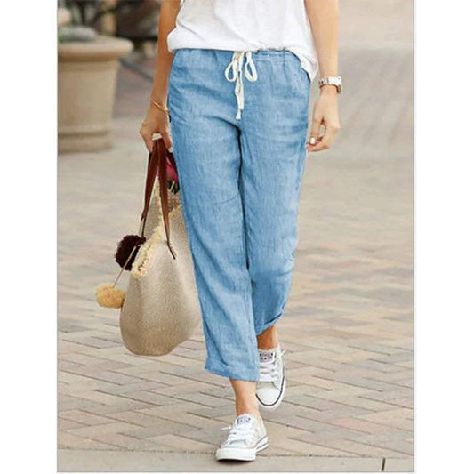 Women's Lightweight Cotton/Linen Trousers - Relaxed Fit, Drawstring Waist, Straight Leg