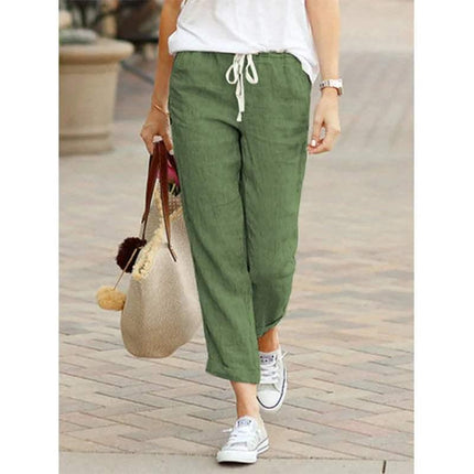 Women's Lightweight Cotton/Linen Trousers - Relaxed Fit, Drawstring Waist, Straight Leg