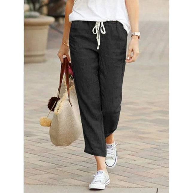 Women's Lightweight Cotton/Linen Trousers - Relaxed Fit, Drawstring Waist, Straight Leg