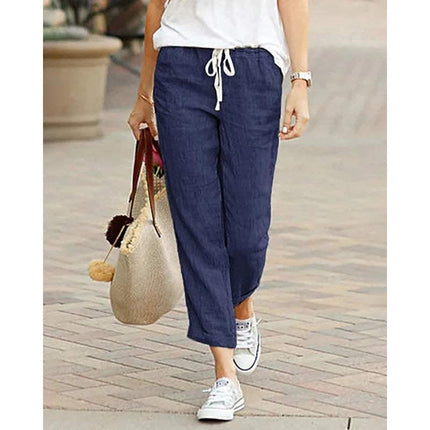 Women's Lightweight Cotton/Linen Trousers - Relaxed Fit, Drawstring Waist, Straight Leg