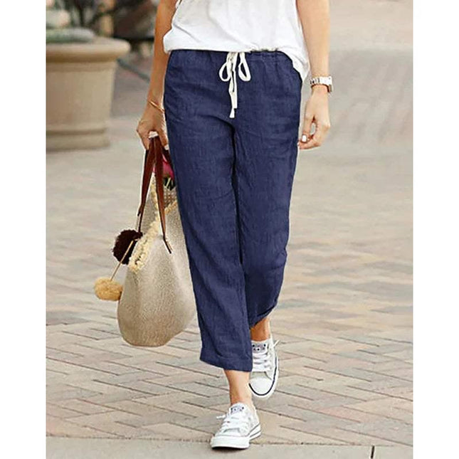 Women's Lightweight Cotton/Linen Trousers - Relaxed Fit, Drawstring Waist, Straight Leg