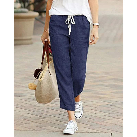 Women's Lightweight Cotton/Linen Trousers - Relaxed Fit, Drawstring Waist, Straight Leg