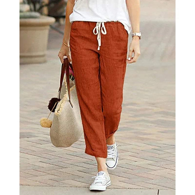 Women's Lightweight Cotton/Linen Trousers - Relaxed Fit, Drawstring Waist, Straight Leg