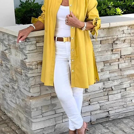 Women's Button-Up Blouse with Pleated Back and Tie Sleeves