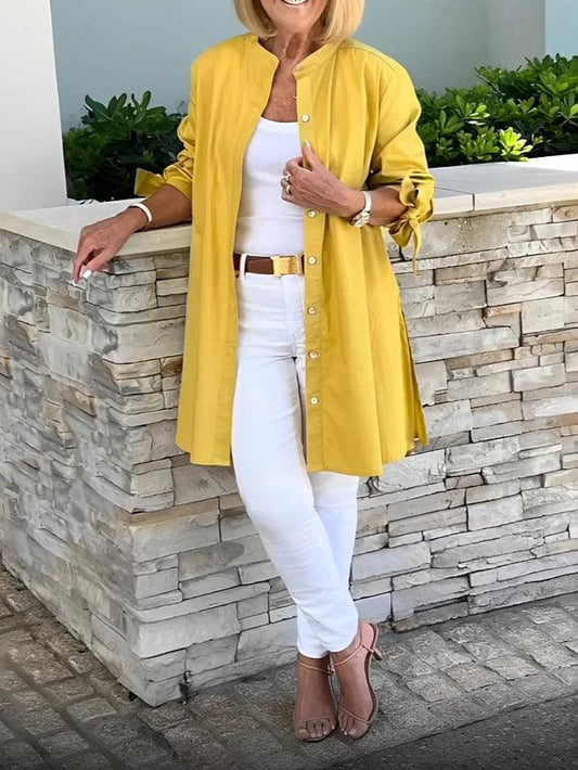 Women's Button-Up Blouse with Pleated Back and Tie Sleeves