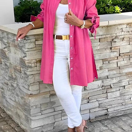Women's Button-Up Blouse with Pleated Back and Tie Sleeves