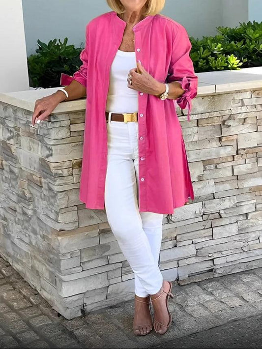 Women's Button-Up Blouse with Pleated Back and Tie Sleeves