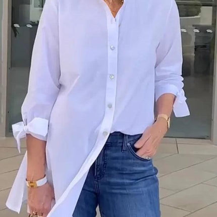 Women's Button-Up Blouse with Pleated Back and Tie Sleeves