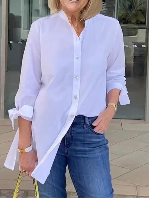 Women's Button-Up Blouse with Pleated Back and Tie Sleeves