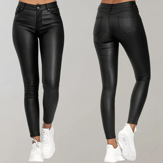 Women's High-Waisted Skinny Trousers Coated Finish Stretch Fit