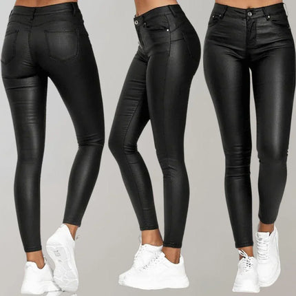 Women's High-Waisted Skinny Trousers Coated Finish Stretch Fit